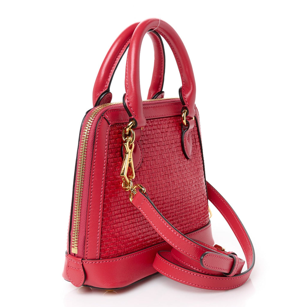 Straw Azalea Calfskin Woven Mini Horsebit 1955 Top Handle Bag Coral Wave Black