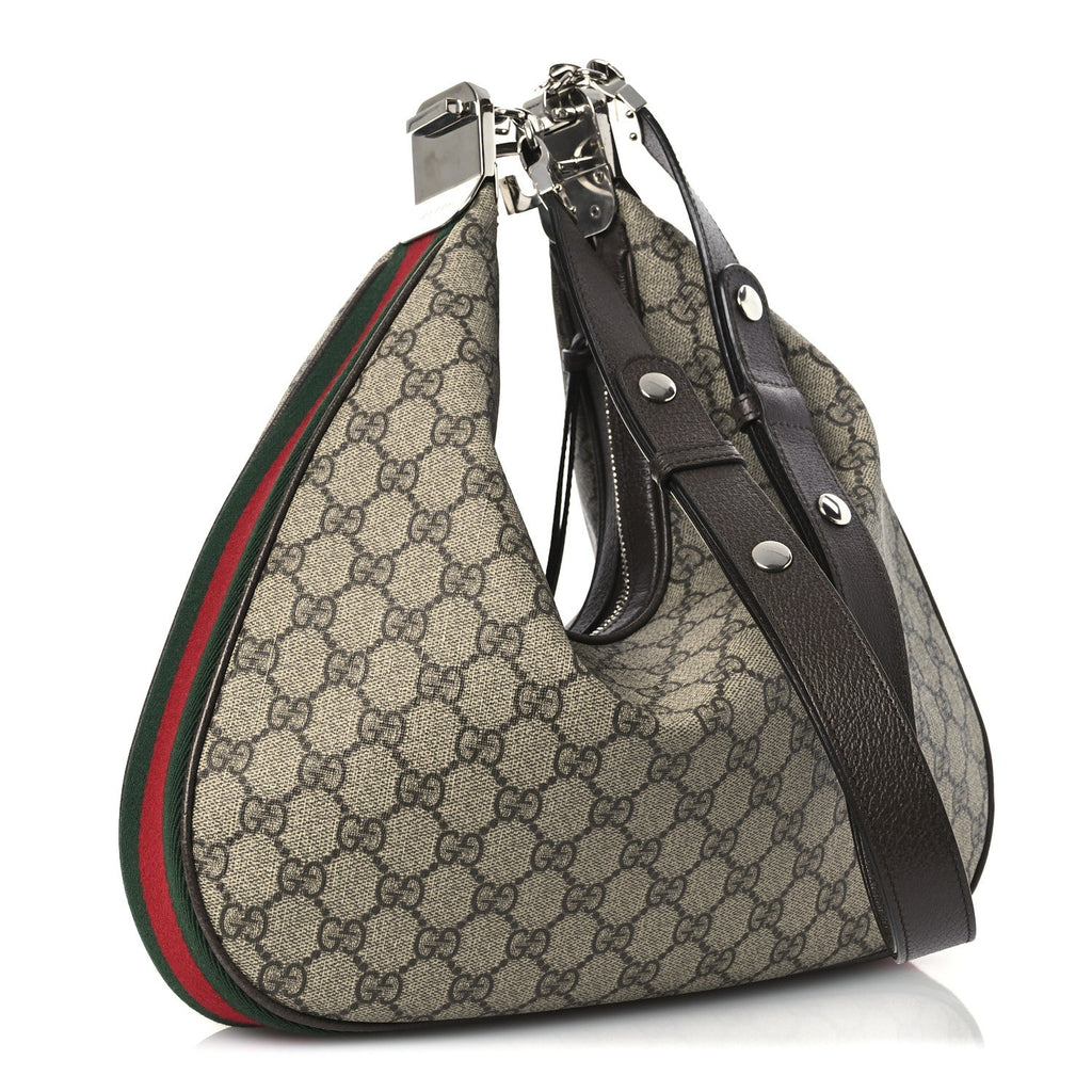 GG Supreme Monogram Textured Calfskin Web Large Attache Shoulder Bag Beige Ebony New Acero