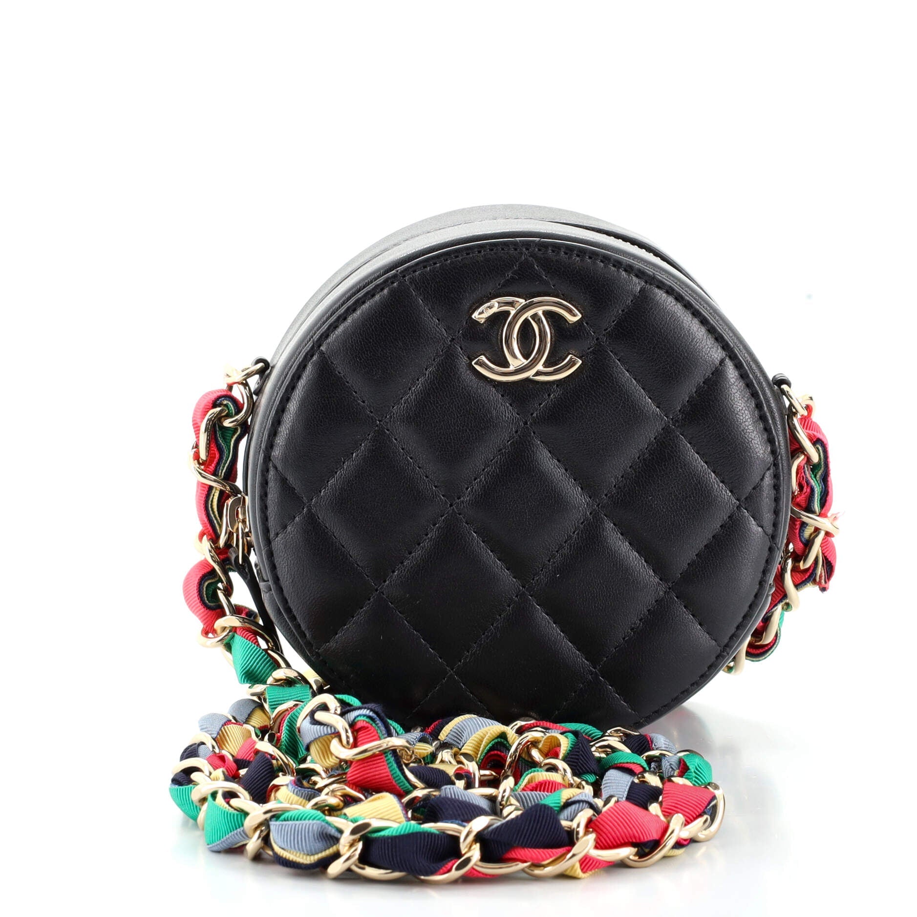 Ribbon Round Clutch With Chain Quilted Lambskin