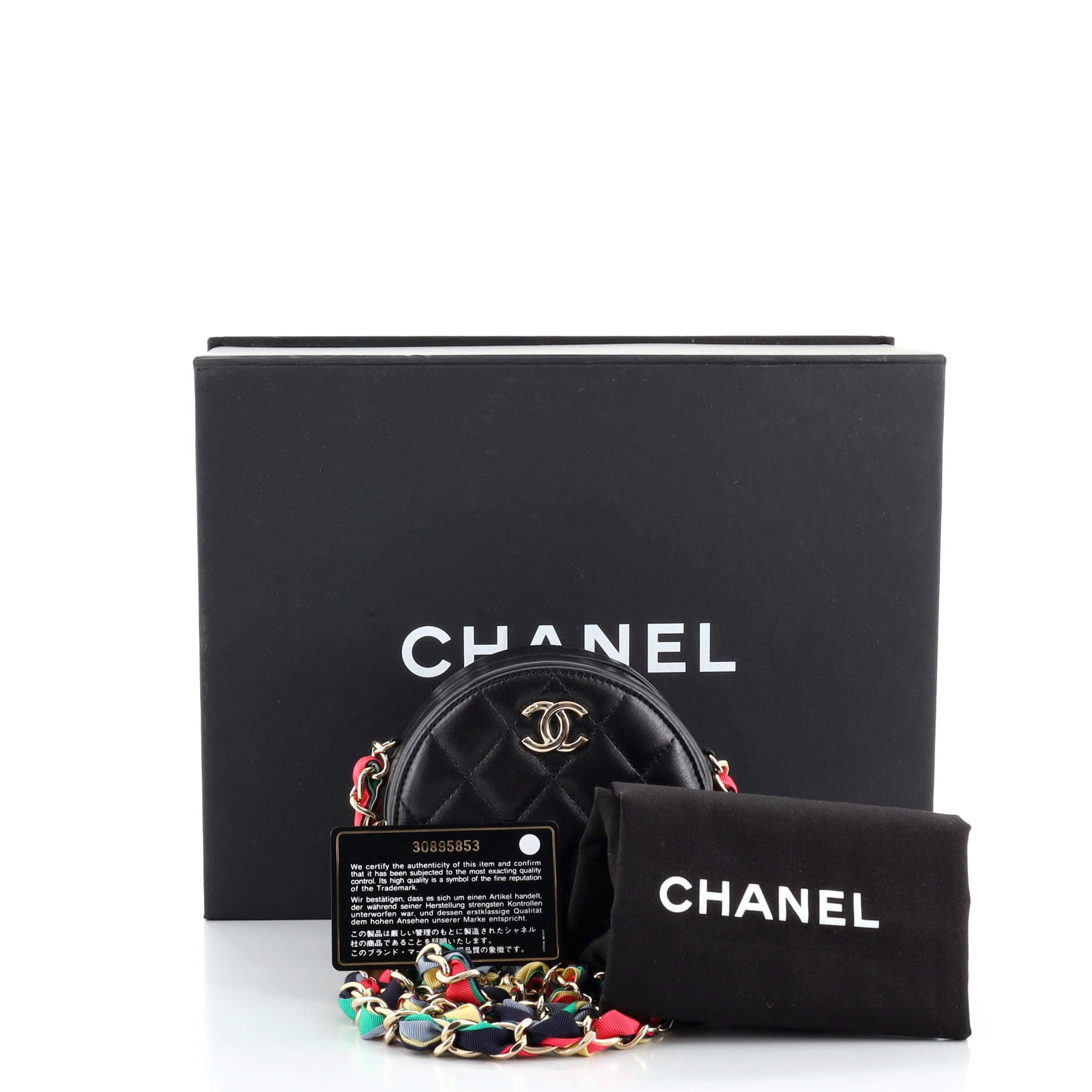 Ribbon Round Clutch With Chain Quilted Lambskin