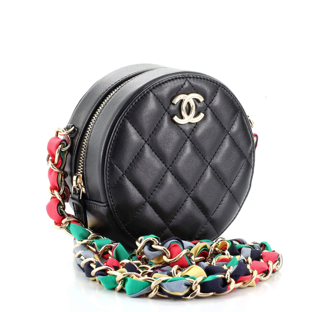 Ribbon Round Clutch With Chain Quilted Lambskin