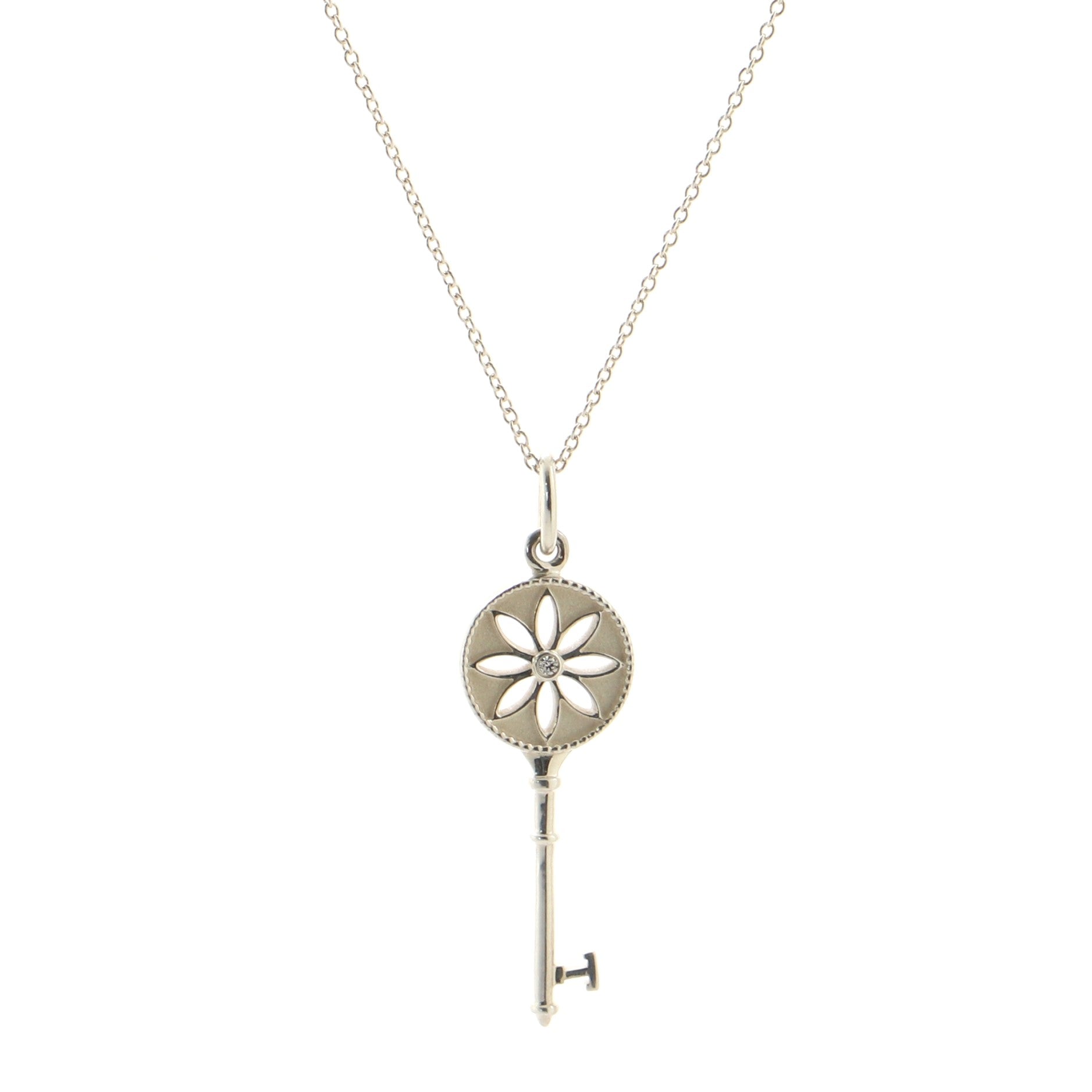 Daisy Key Pendant Necklace Sterling Silver with Diamond Small