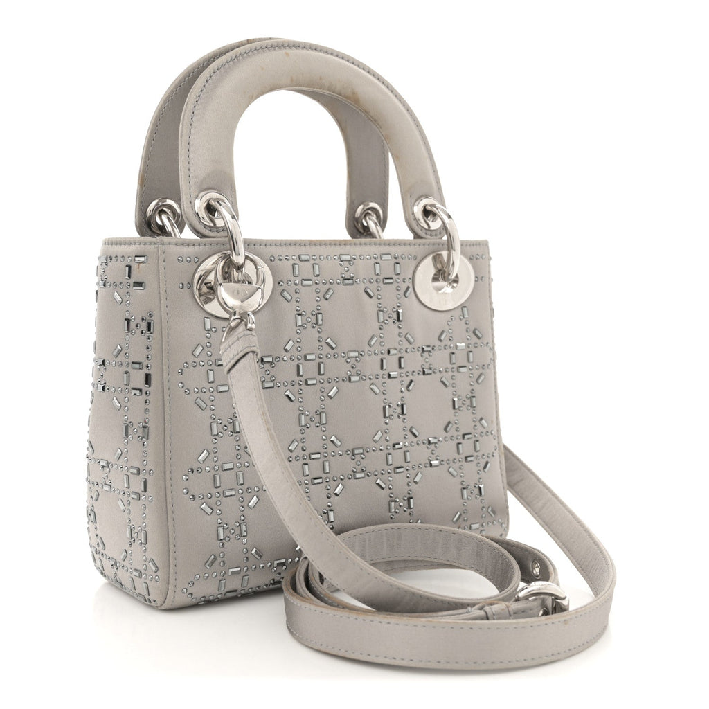 Satin Crystal Cannage Mini Lady Dior Gray