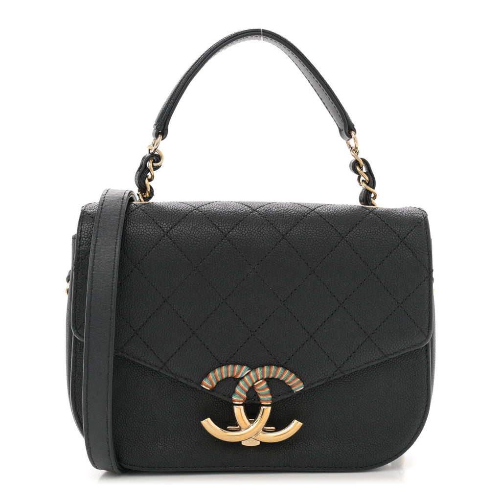 Grained Calfskin Quilted Small Cuba Top Handle Flap Black