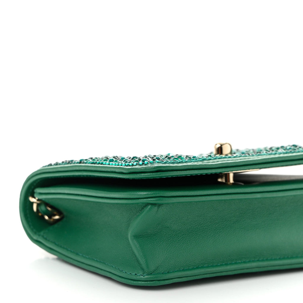 Lambskin Crystal Diamante Clutch With Chain Green