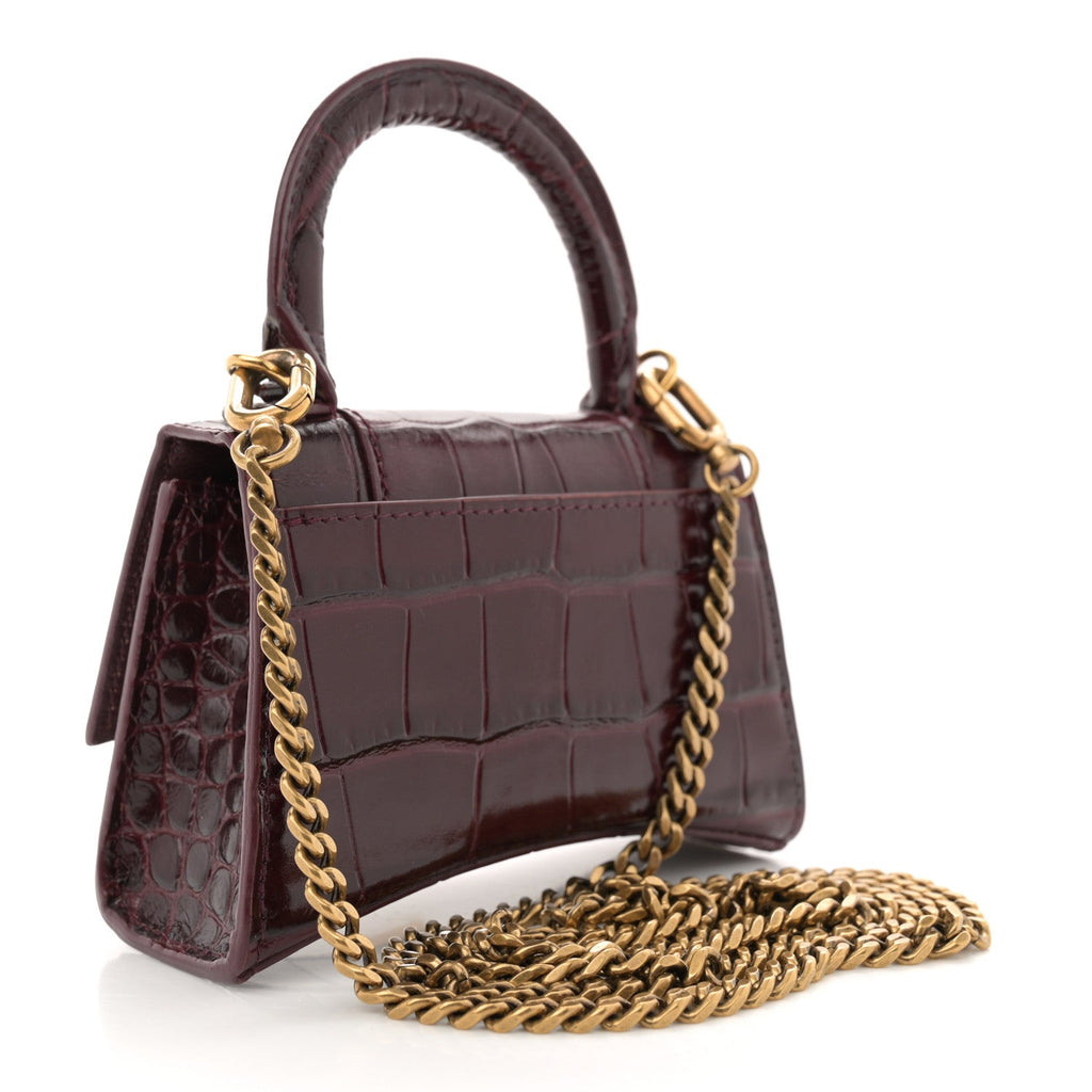 Shiny Calfskin Crocodile Embossed Hourglass Top Handle Bag Mini with Chain Dark Red