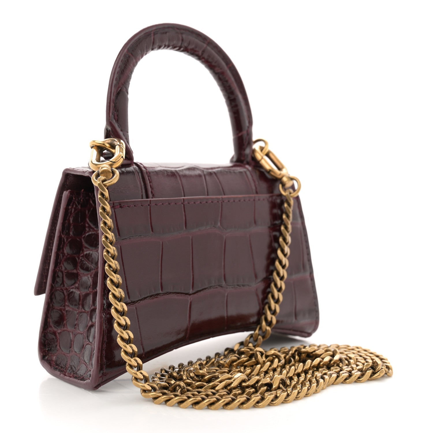 Shiny Calfskin Crocodile Embossed Hourglass Top Handle Bag Mini with Chain Dark Red