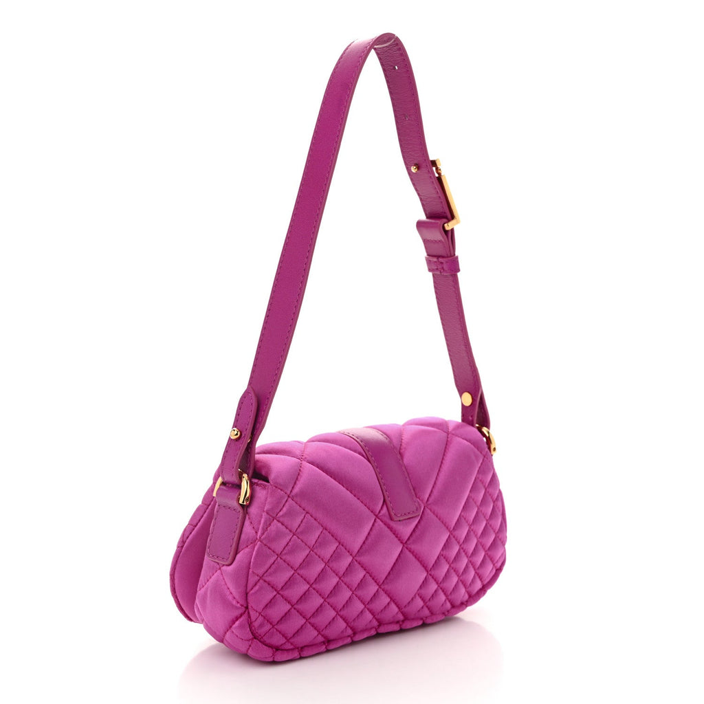 Satin Crystal Quilted Mini Greca Goddess Shoulder Bag Pink
