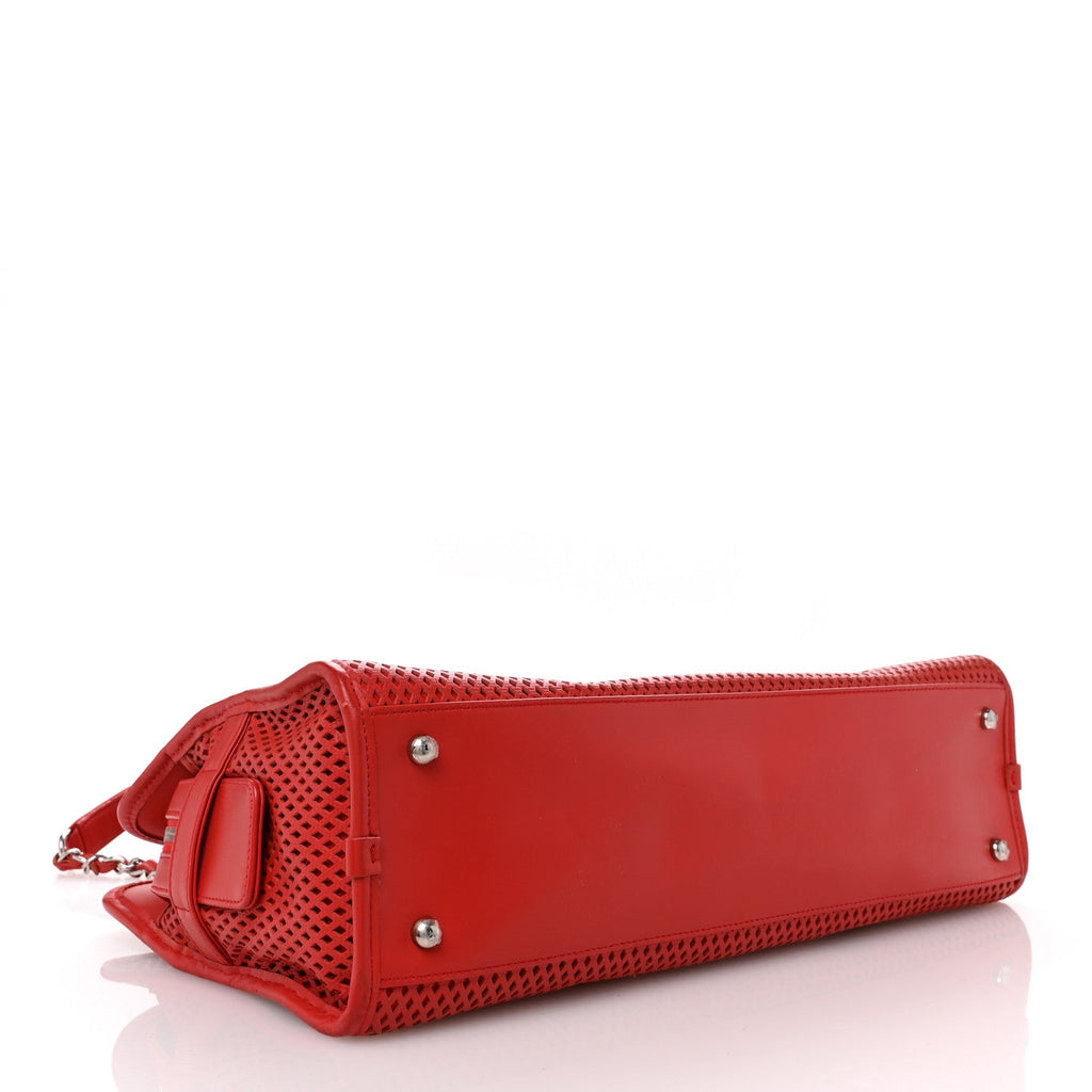 Calfskin Perforated Up In The Air East West Tote Red