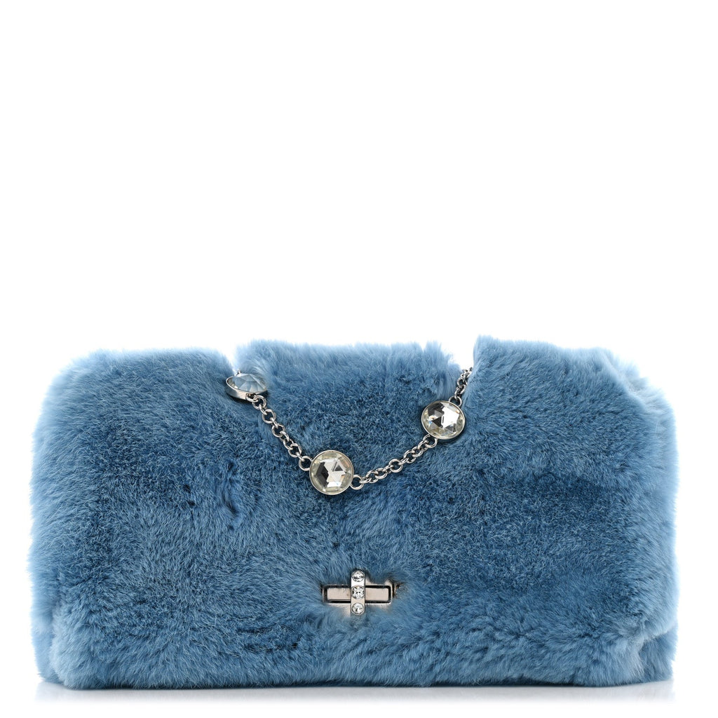 Rabbit Fur Crystal Flap Clutch Blue