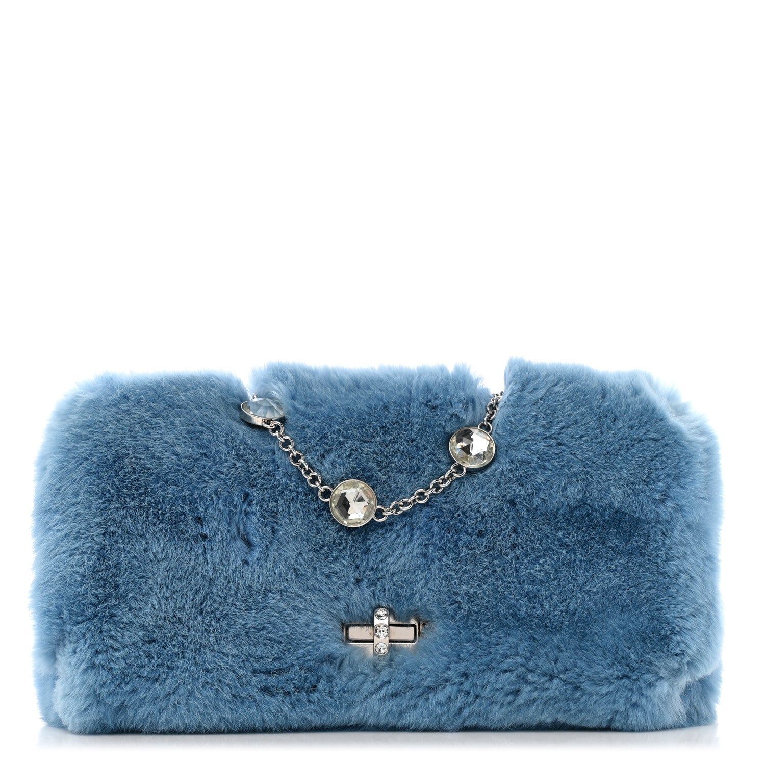 Rabbit Fur Crystal Flap Clutch Blue