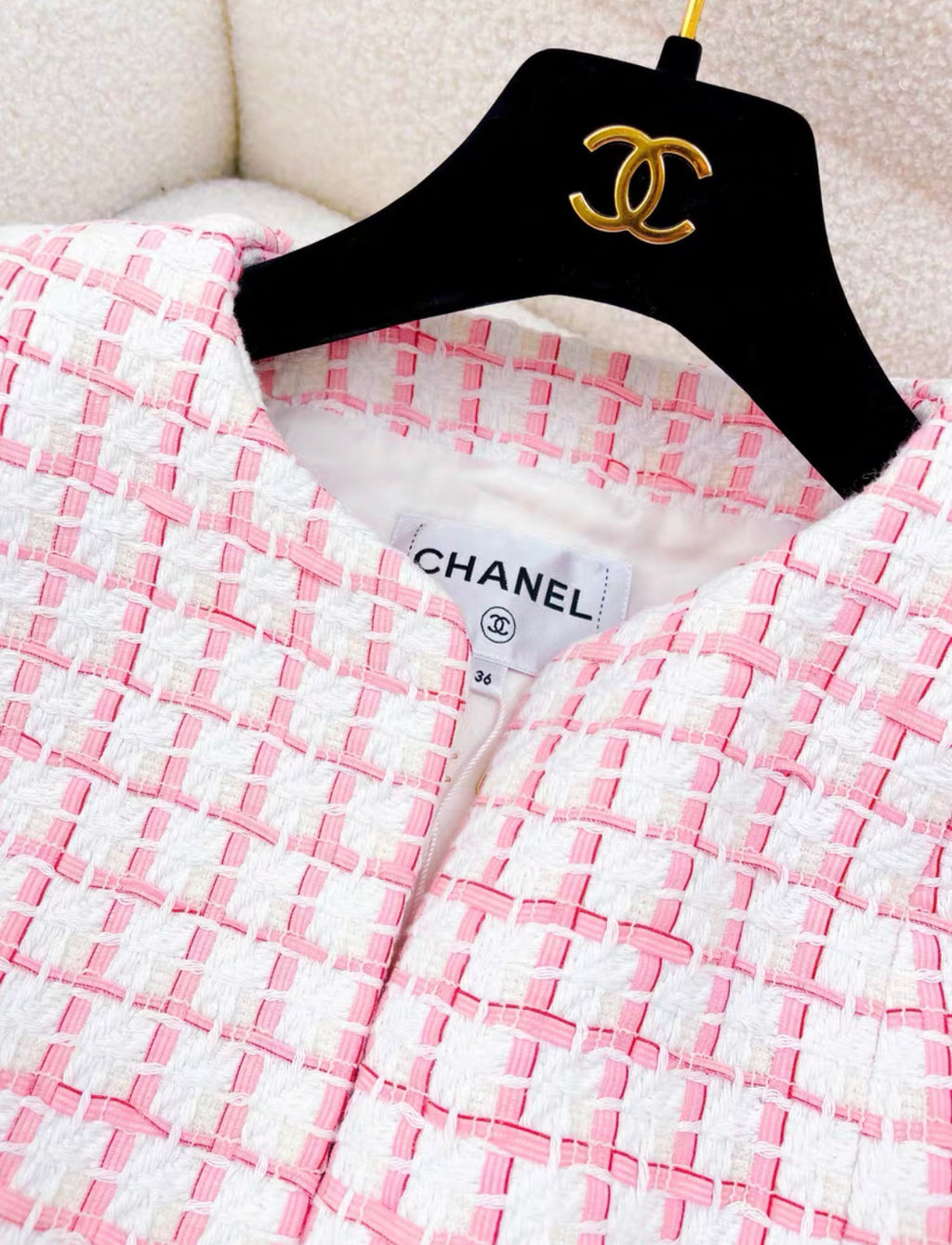 CHANEL SIZE 36 22S TWEED JACKET COTTON/ACRYLIC LIGHT PINK/WHITE
