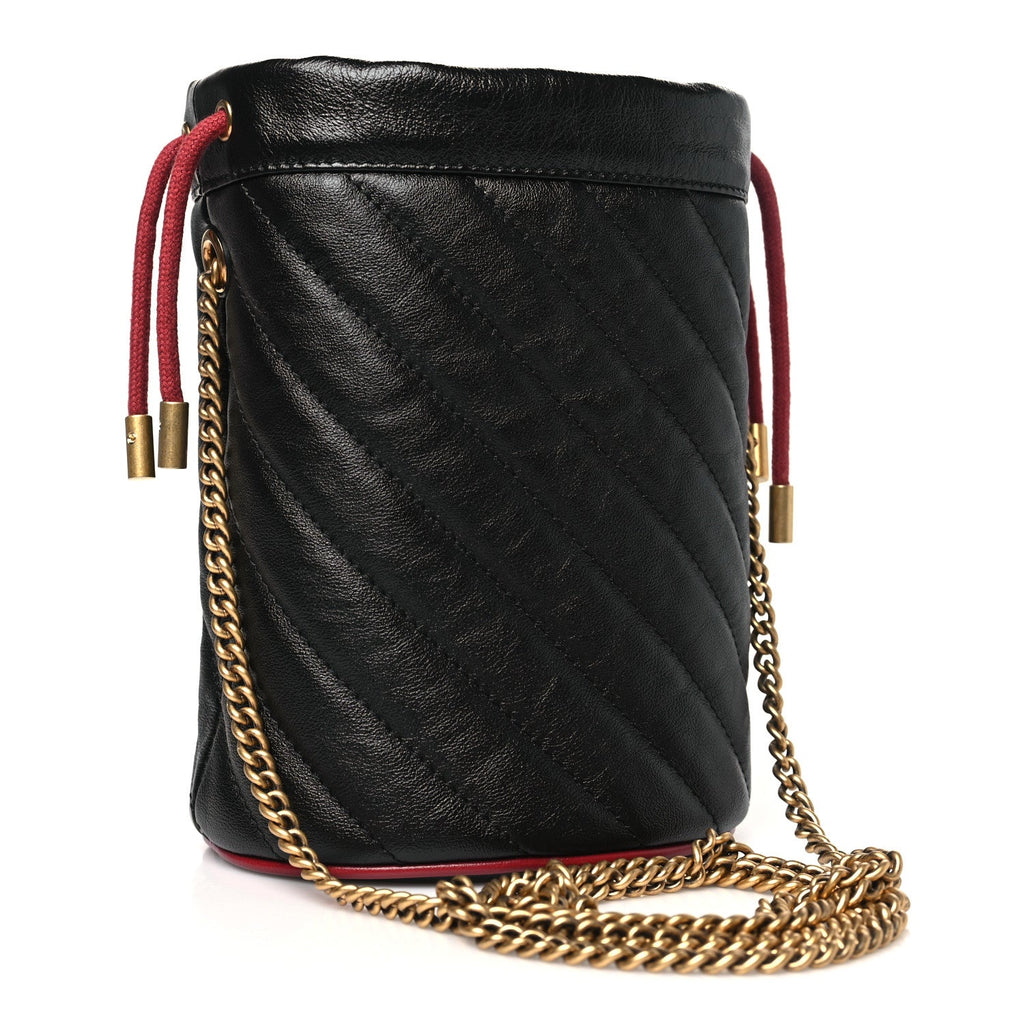 Vintage Effect Calfskin Matelasse Diagonal Mini Torchon GG Marmont 2.0 Bucket Bag Black Romantic Cherry