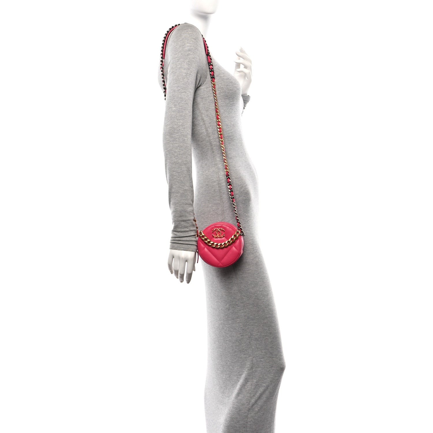 Goatskin Quilted Chanel 19 Round Clutch With Chain Dark Pink