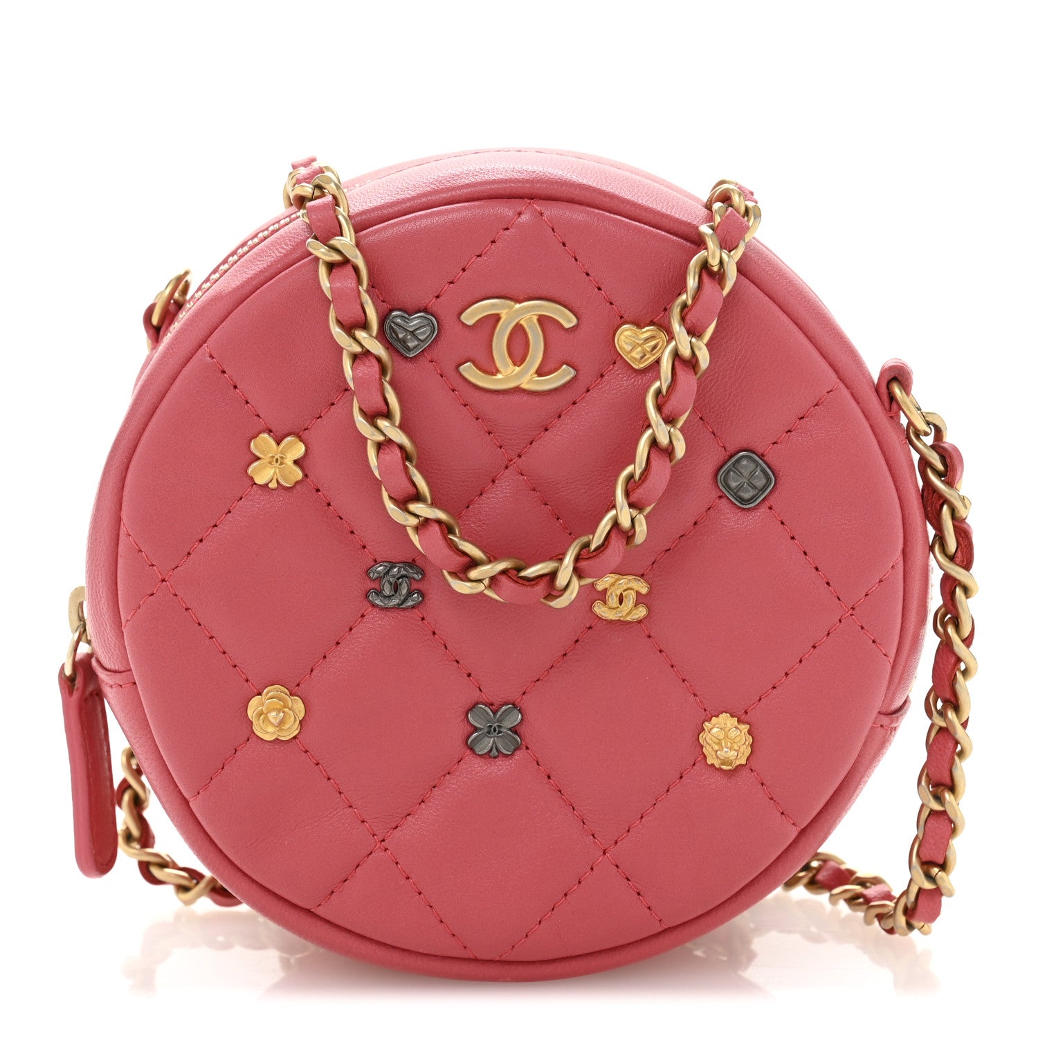 Lambskin Quilted Studded Round Clutch With Chain Dark Pink