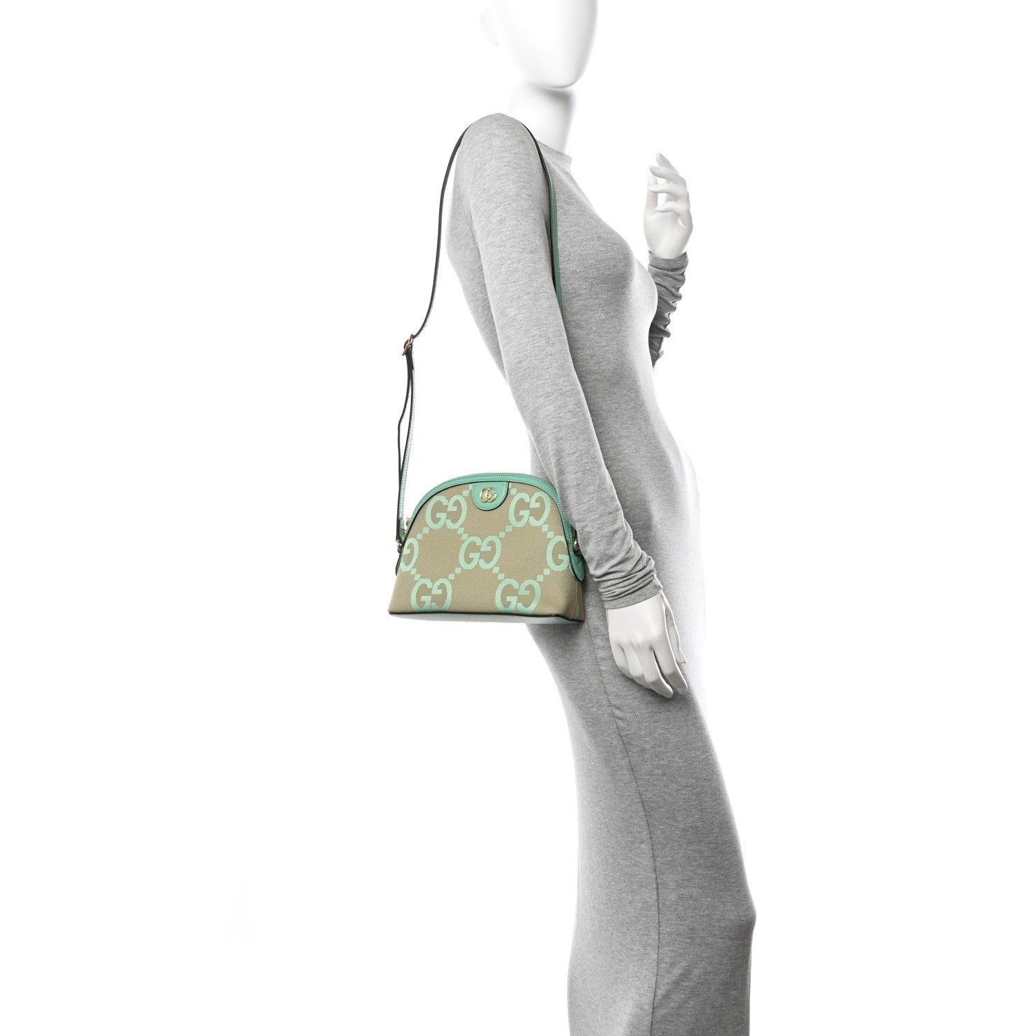 Monogram Jumbo GG Textured Dollar Calfskin Small Ophidia Dome Shoulder Bag Beige Pepperlight Mint