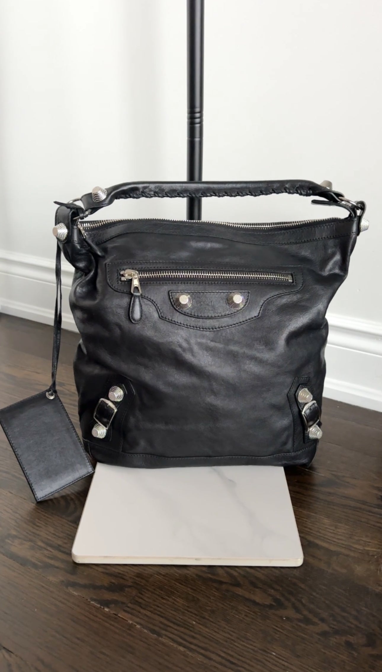 Balenciaga Black Leather Giant Day Shoulder Hobo Bag SHW