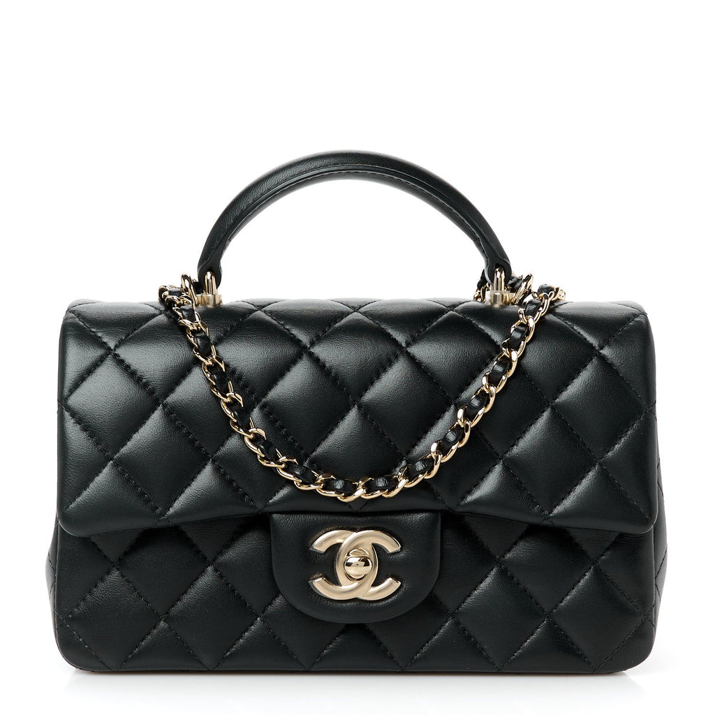 Lambskin Quilted Mini Top Handle Rectangular Flap Black