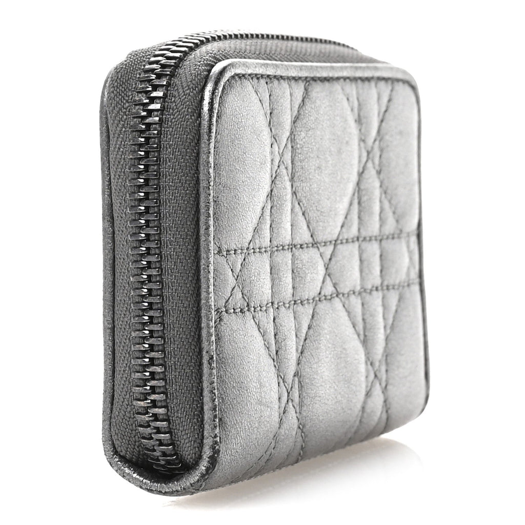 Metallic Calfskin Cannage Compact Zip  Wallet Silver