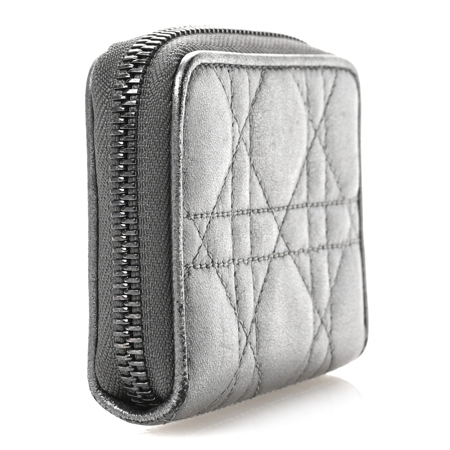 Metallic Calfskin Cannage Compact Zip  Wallet Silver