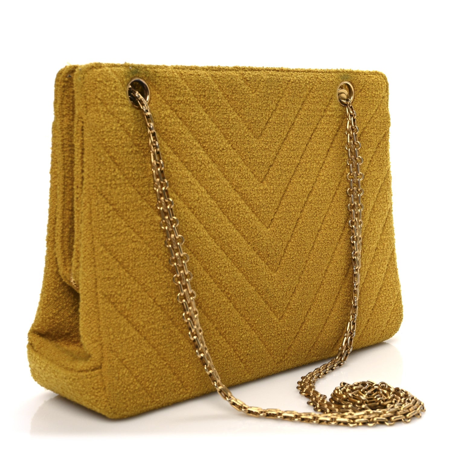 Tweed Chevron Bijoux Chain Shoulder Bag Yellow