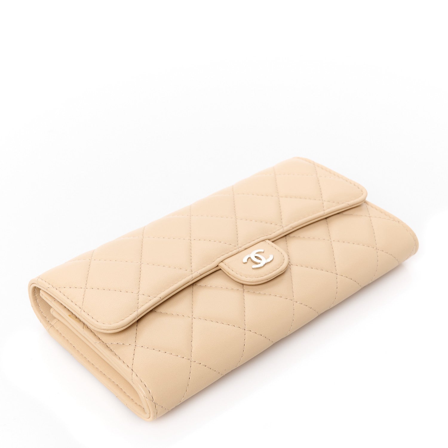 Lambskin Quilted CC Large Gusset Flap Wallet Beige