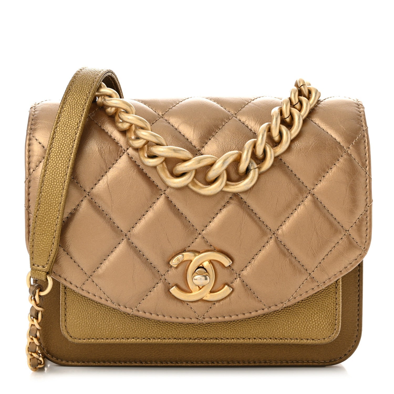 Metallic Calfskin Caviar Quilted Mini Chain Handle Flap Gold
