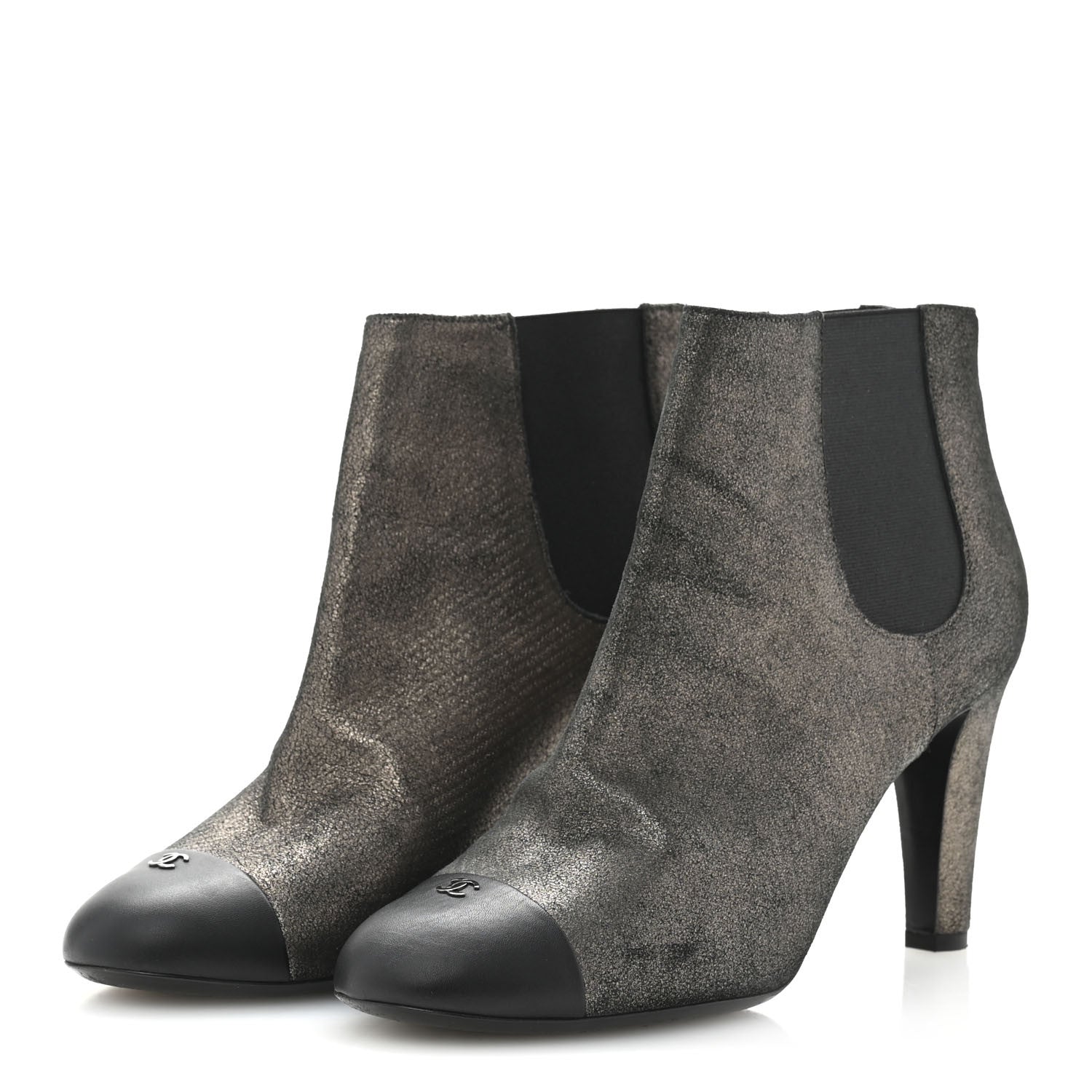 Embossed Lambskin Calfskin CC Cap Toe Ankle Boots 40 Argent Fonce Black