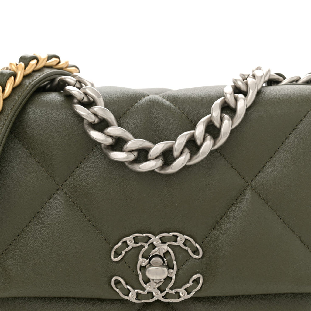 Lambskin Quilted Medium Chanel 19 Flap Khaki