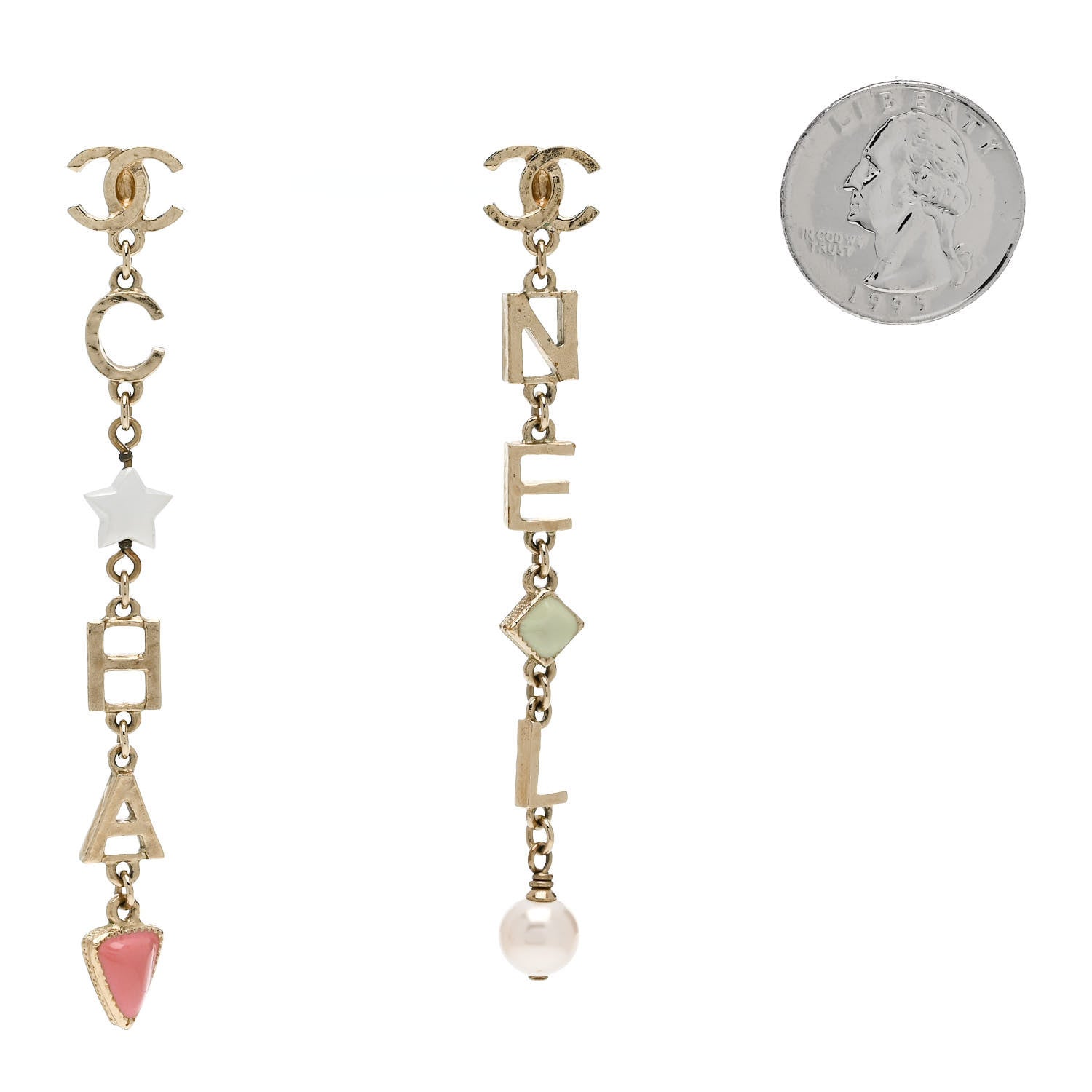Enamel Pearl CC Cha-Nel Drop Earrings Gold