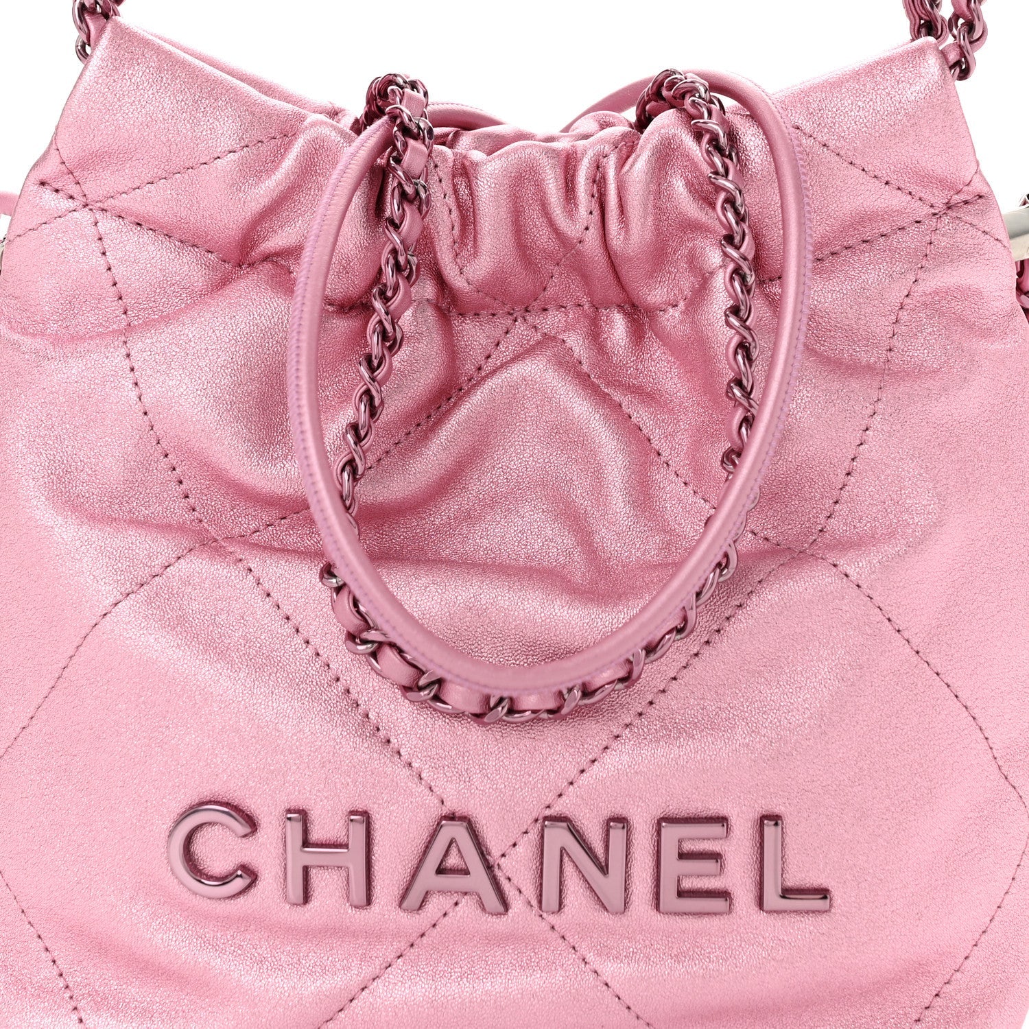 Metallic Lambskin Lacquered Monochrome Quilted Mini Chanel 22 Pink