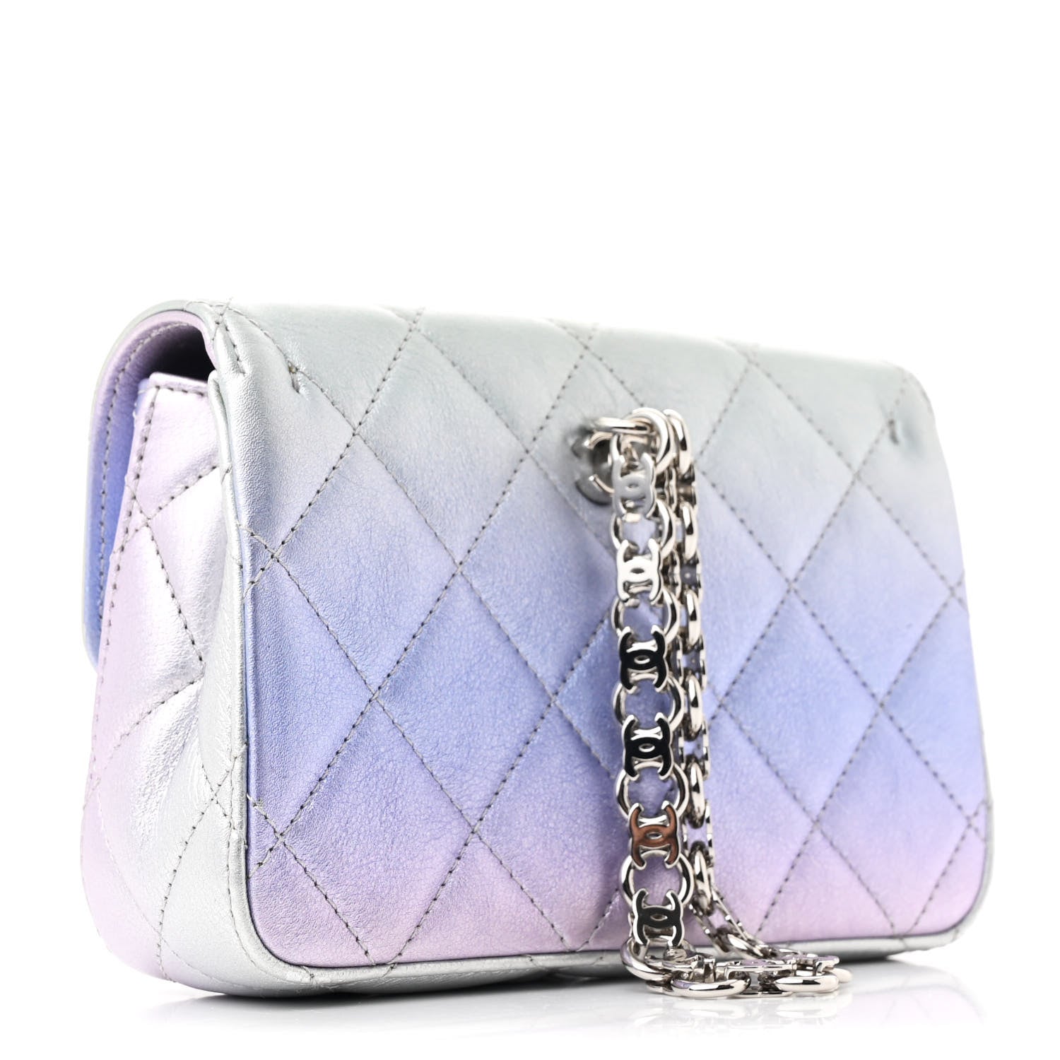 Gradient Metallic Calfskin Quilted Clutch Silver Blue Yellow Purple
