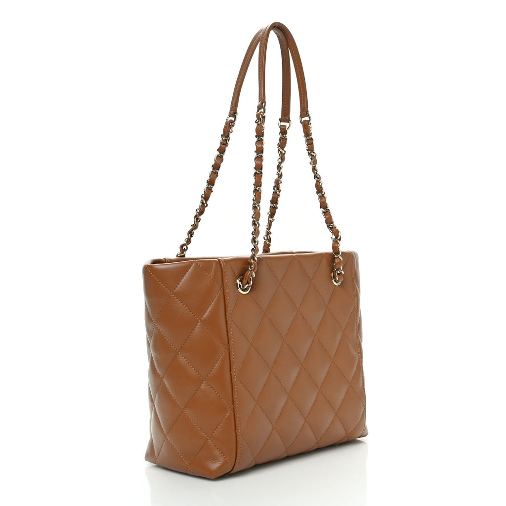 Calfskin Quilted Small Shopping Tote Dark Beige
