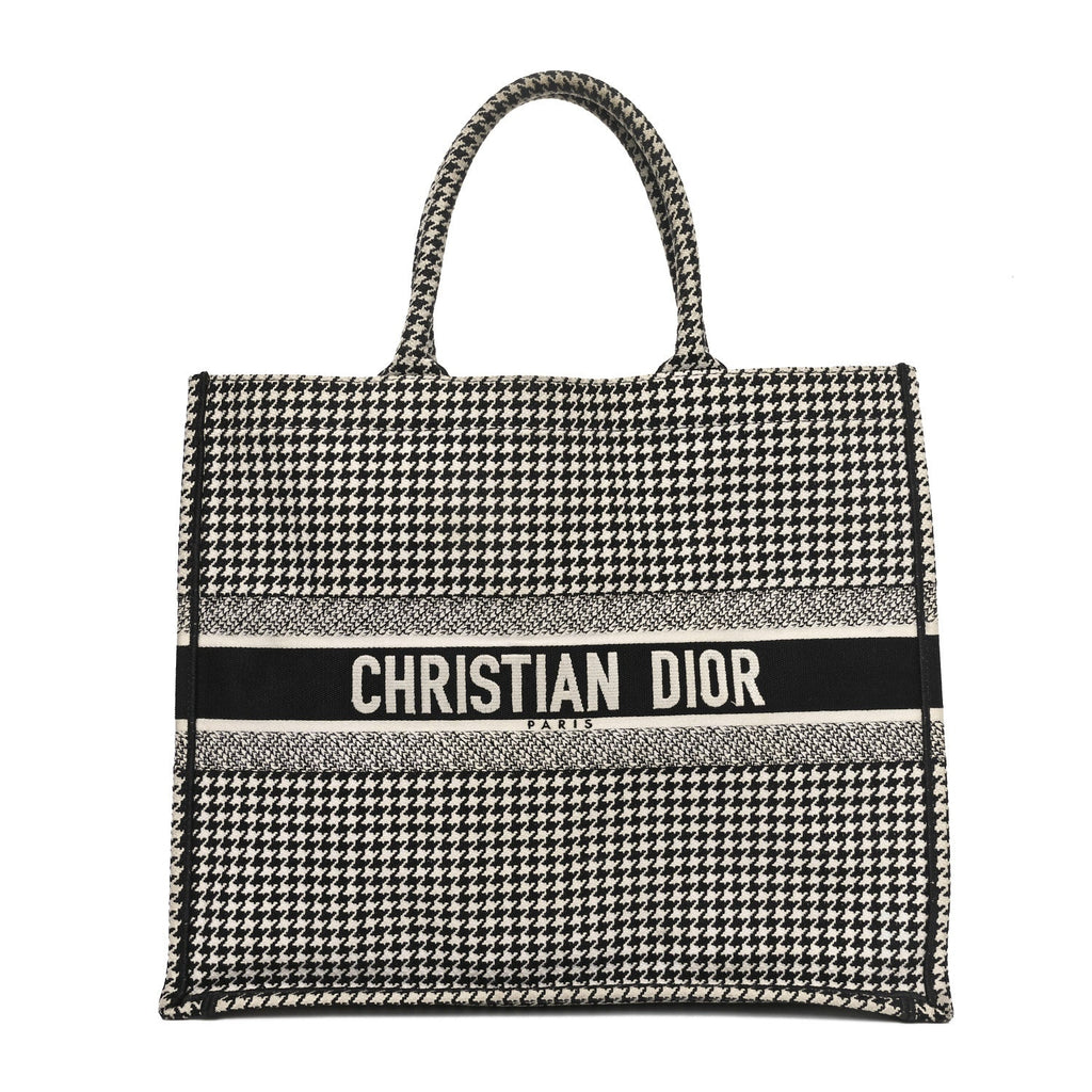 Canvas Houndstooth Embroidered Large Book Tote Black White