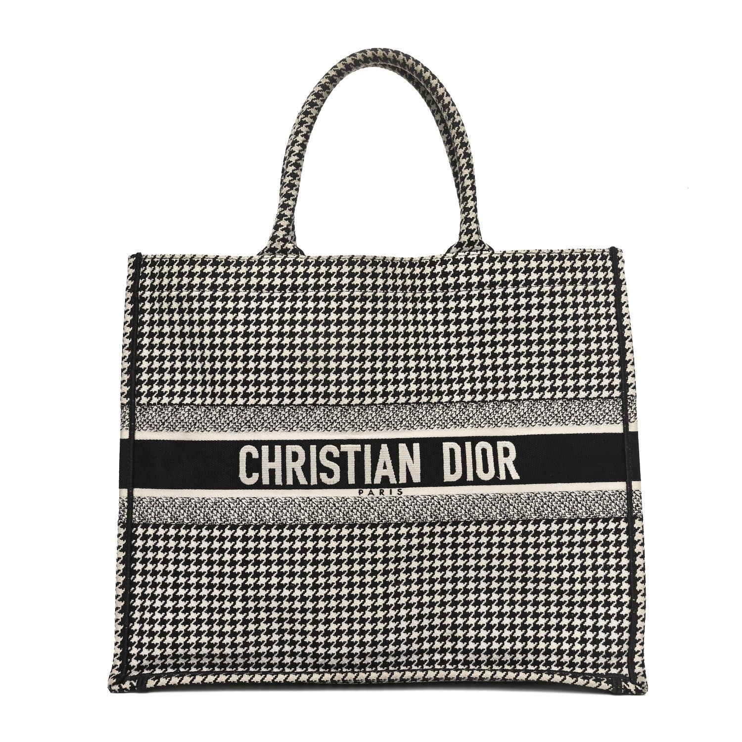 Canvas Houndstooth Embroidered Large Book Tote Black White