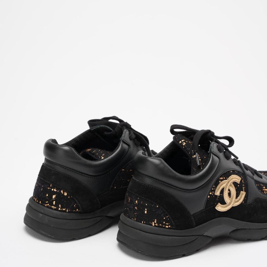 Chanel Black Leather and Suede Lace Up Sneakers 39 ½