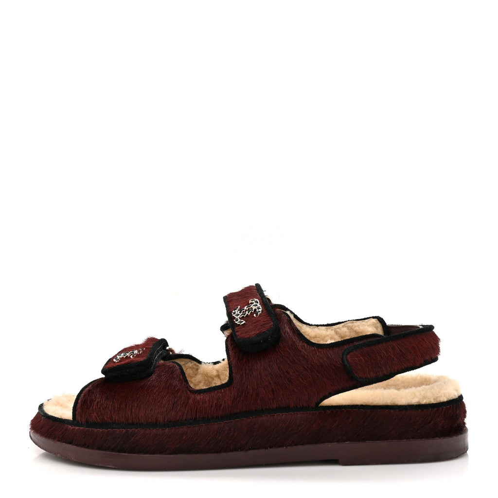 Calf Hair Suede Shearling Dad Sandals 38 Burgundy Black