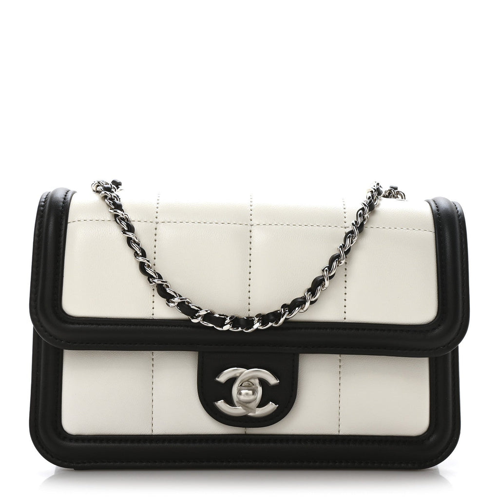 Lambskin Calfskin Mini Chocolate Bar Flap Bag White Black