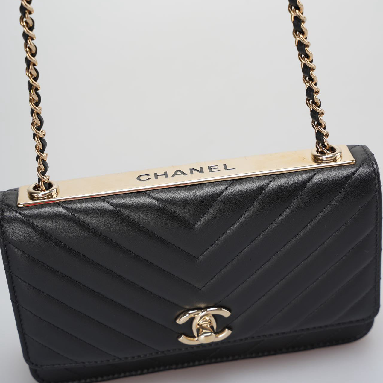 Chanel Lambskin Chevron Quilted Trendy CC Wallet On Chain Woc In Black