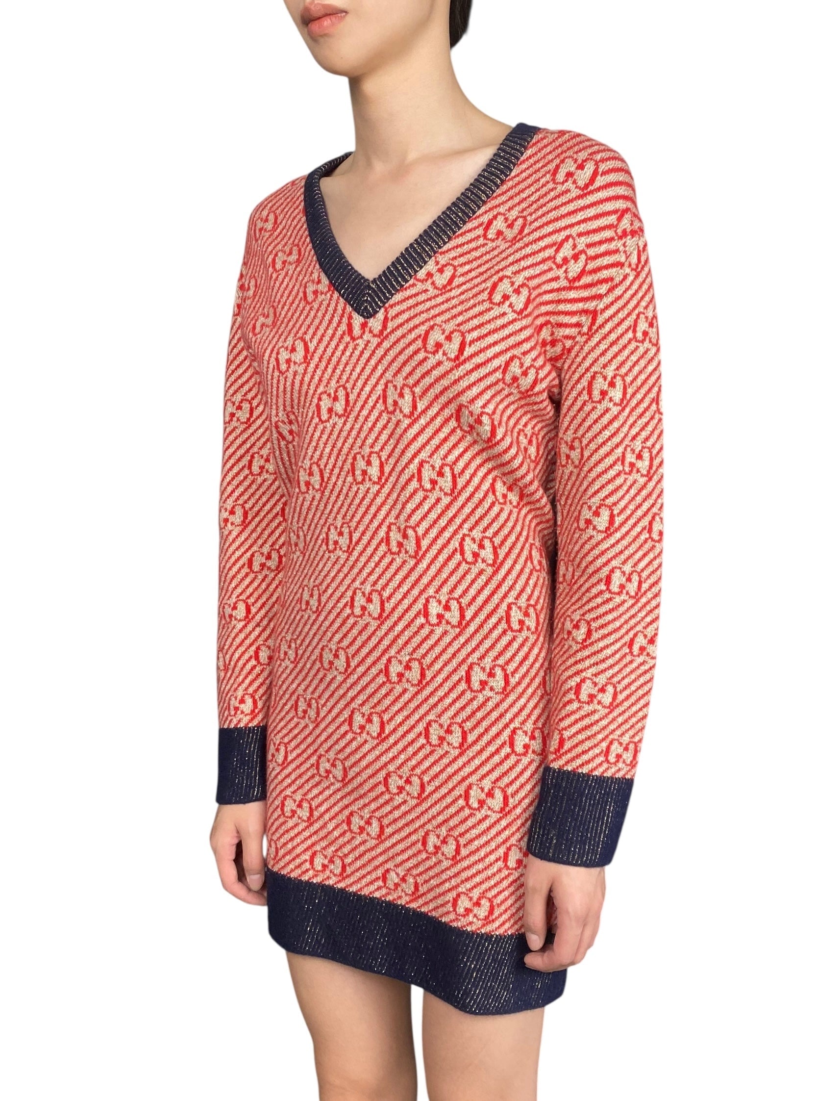 Gucci Red Striped Knit GG Wool Sweater Dress - L