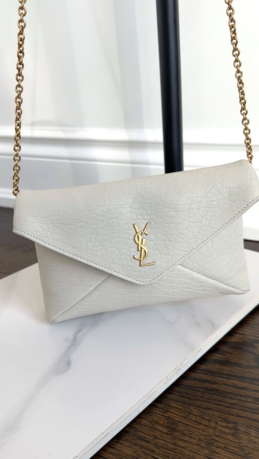 Saint Laurent Ivory Grained Leather Cassandre Chain Pouch