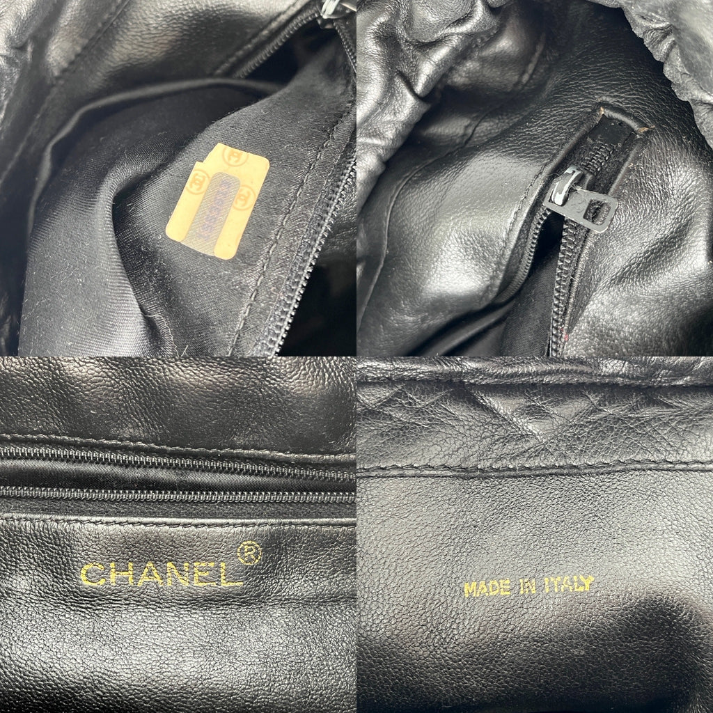 Vintage CHANEL 24k Gold Black Lambskin Leather Quilted Bucket Shoulder Bag