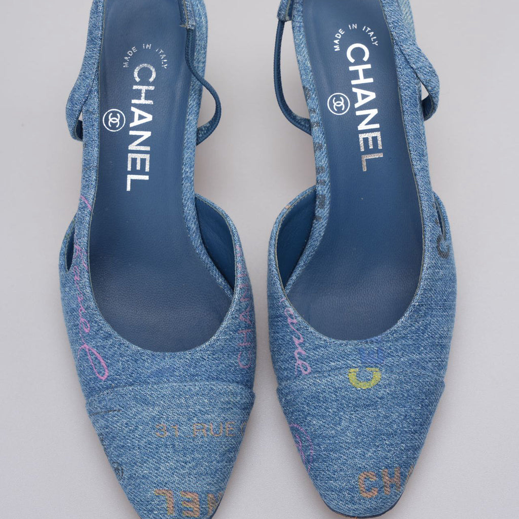 Chanel Denim Cap Toe CC Slingback Pumps Light Blue & Multicolor 36.5