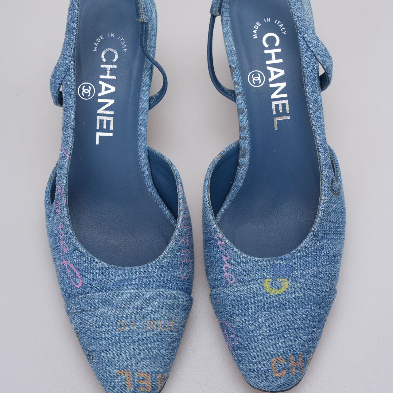 Chanel Denim Cap Toe CC Slingback Pumps Light Blue & Multicolor 36.5