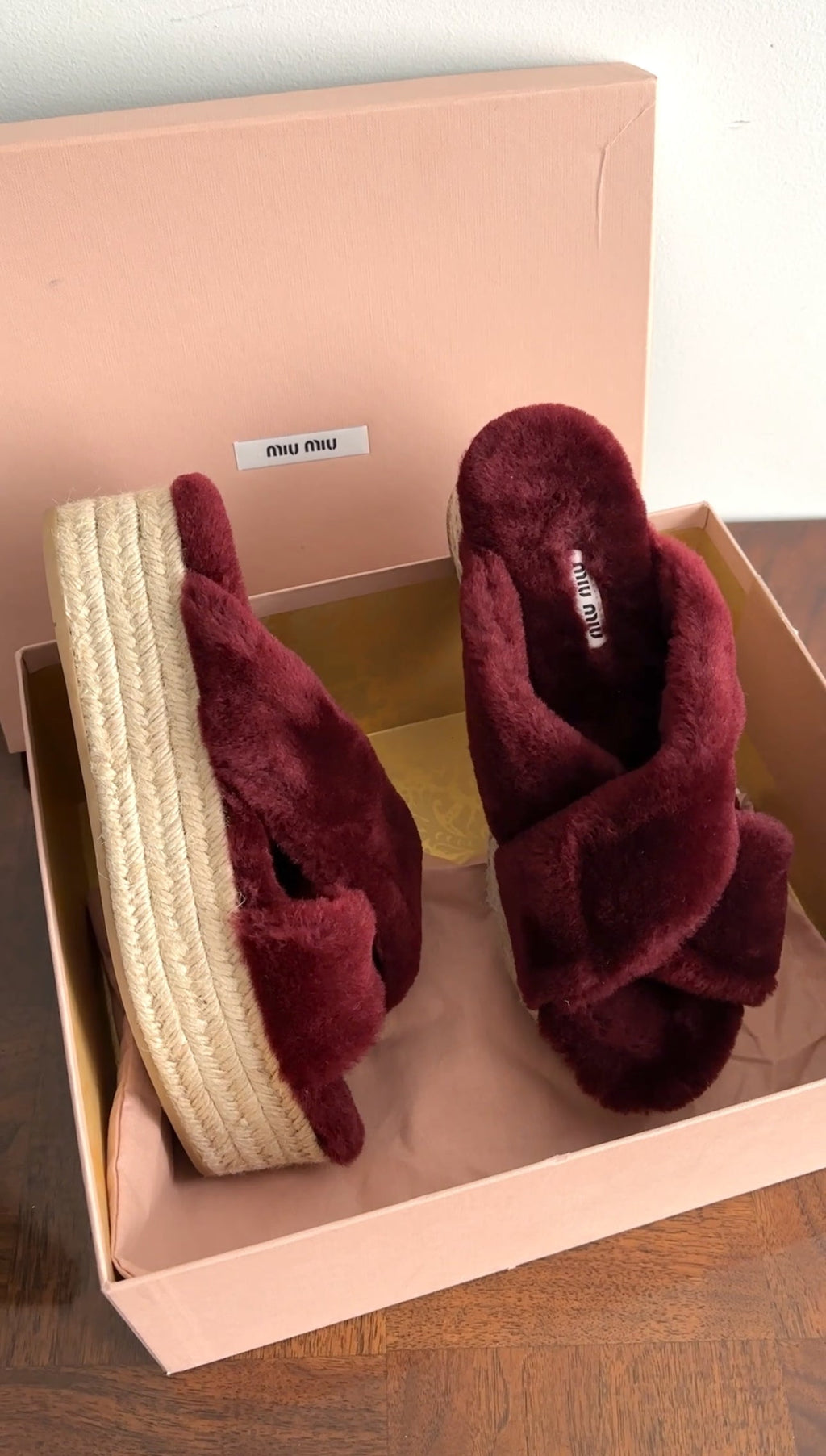 Miu Miu Burgundy Shearling Platform Espadrilles - 39