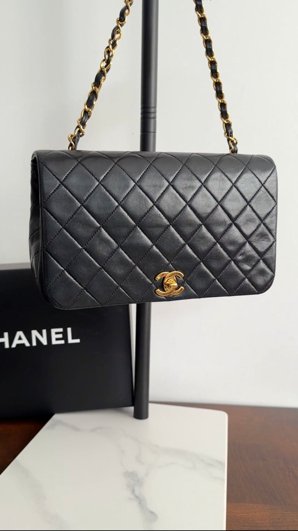 Chanel Vintage 1989 Black Lambskin Leather Full Flap Chain Bag
