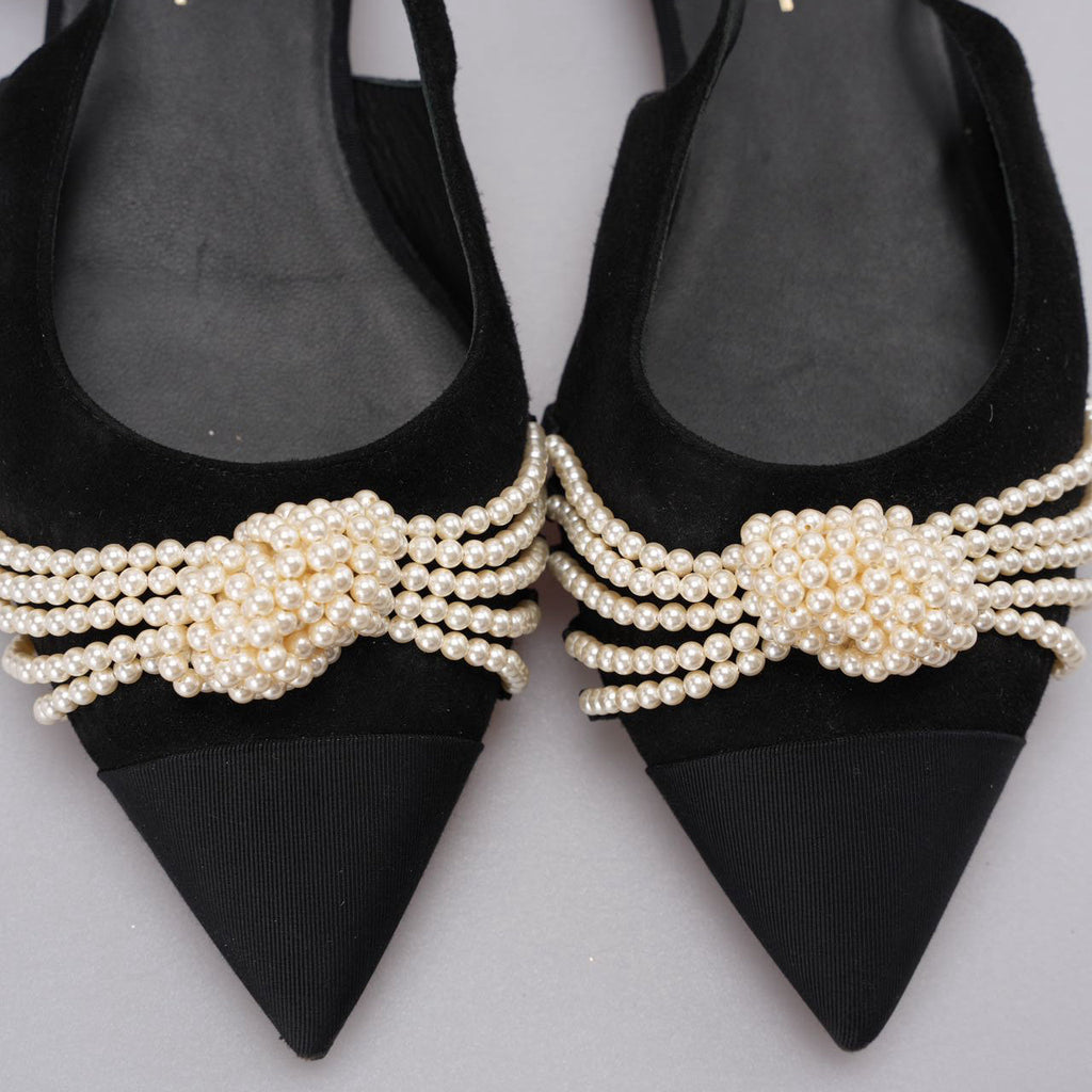 Chanel Slingback Satin Pearl Flats Black Size 37.5