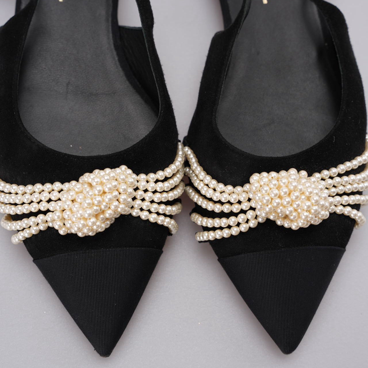 Chanel Slingback Satin Pearl Flats Black Size 37.5