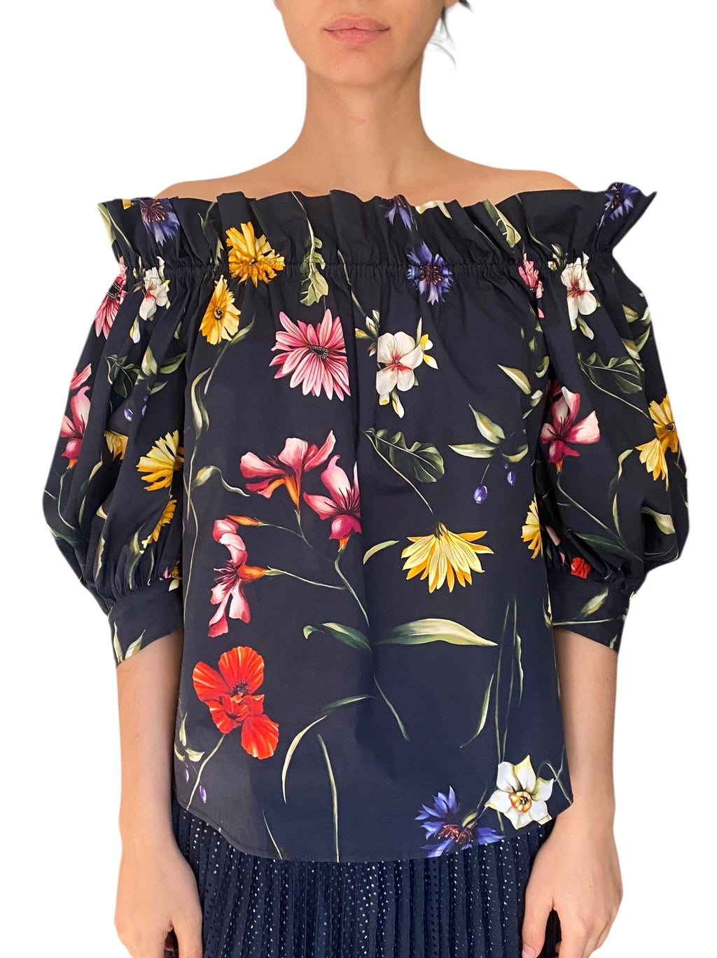 Oscar De La Renta Navy Floral Off-Shoulder Top - S