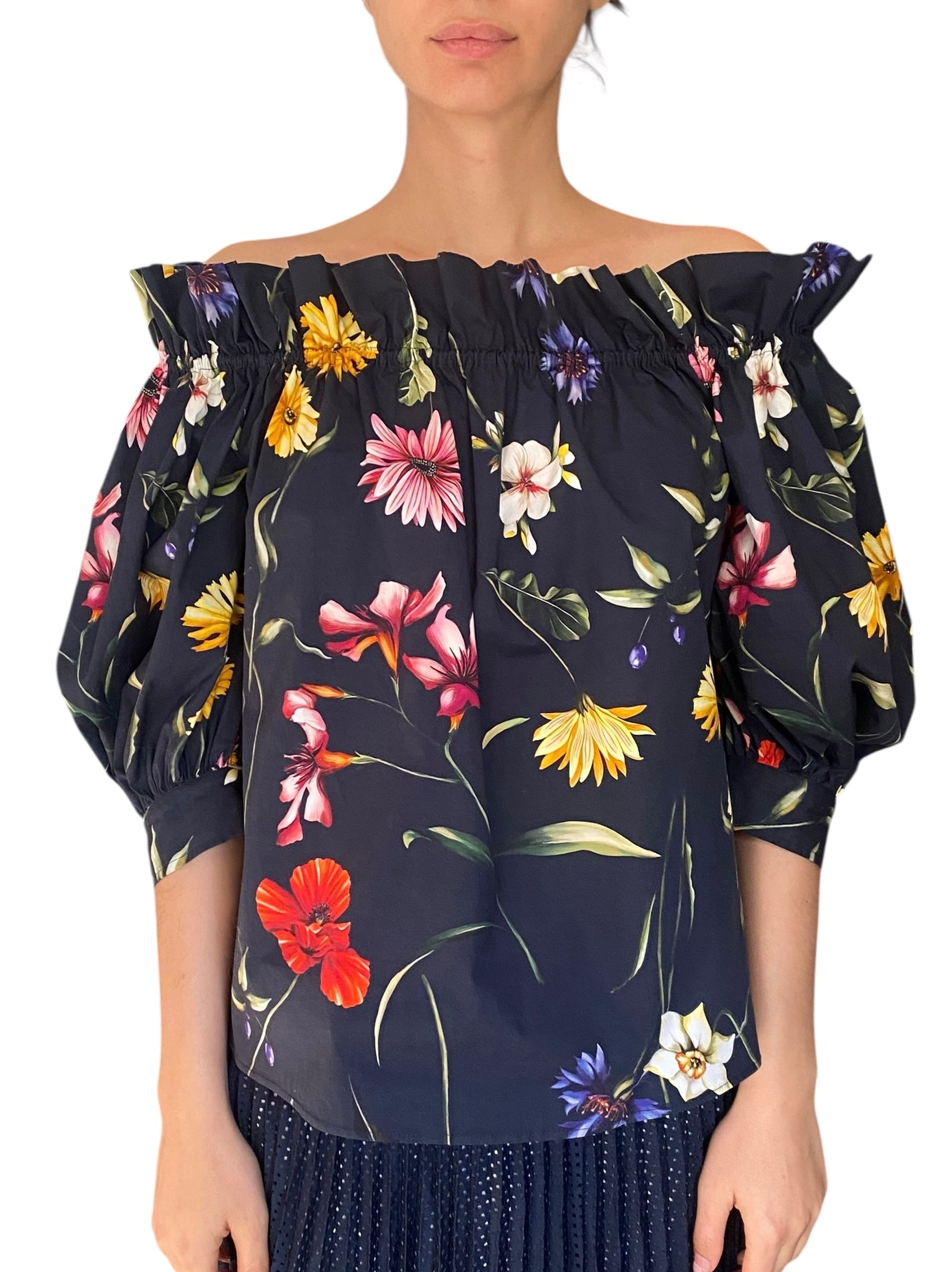 Oscar De La Renta Navy Floral Off-Shoulder Top - S